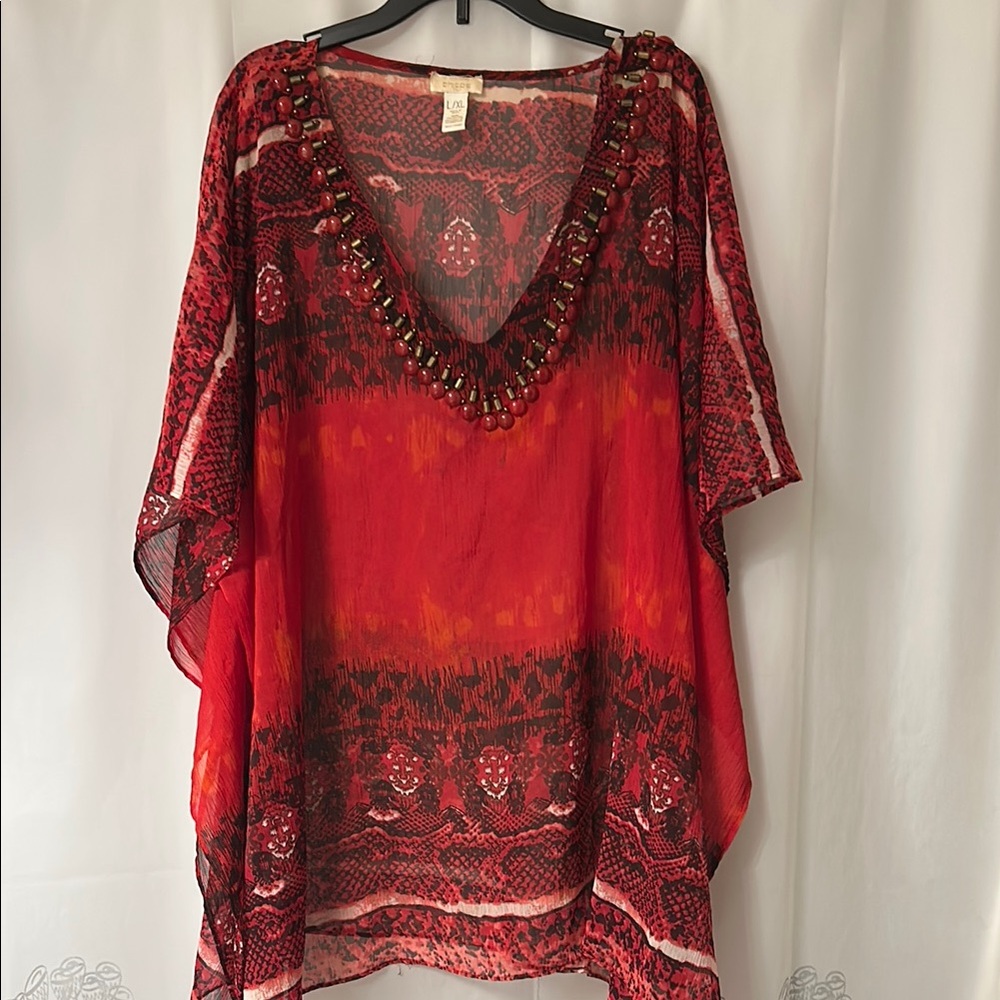 Chico’s Red and Black Beaded  Caftan style  Tunic with Relaxed Sleeves Size L/XL